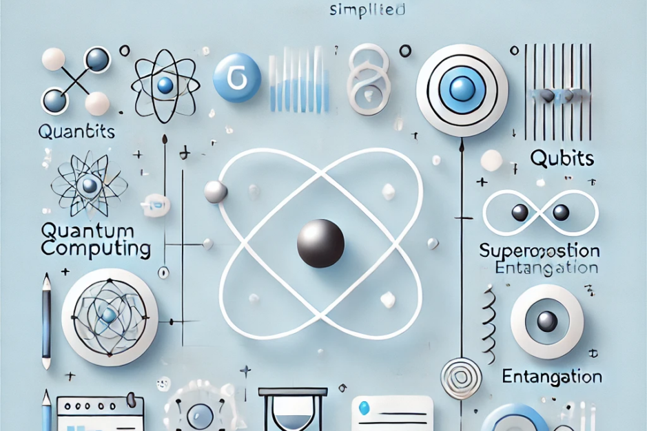 Feature image for '5 Minutes to Understand Quantum Computing,' with light blue and white background, and icons representing qubits, superposition, and entanglement.