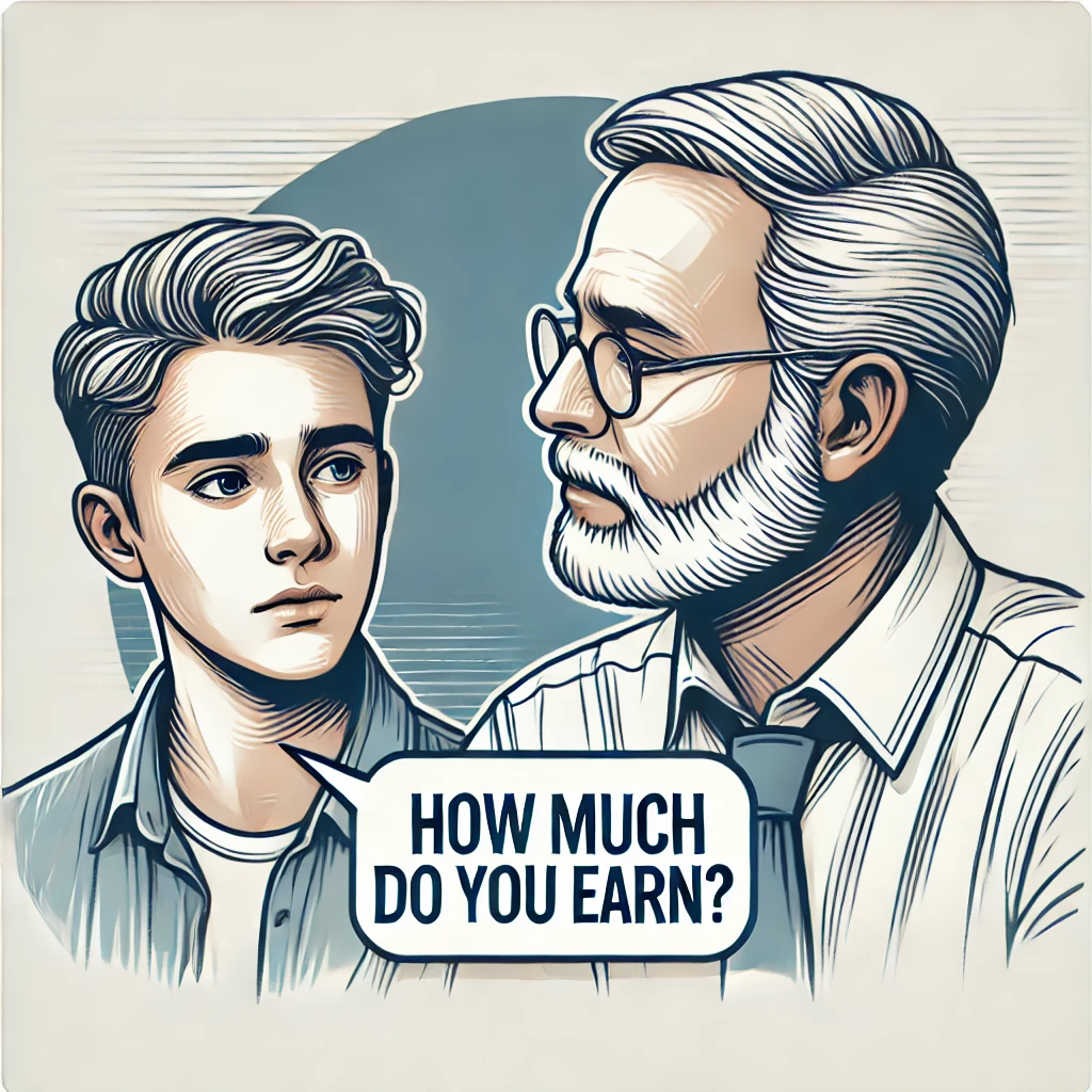 Illustration on a white background showing a mature man asking a young person, with a speech bubble saying 'How much do you earn?' The young person appears thoughtful or surprised.