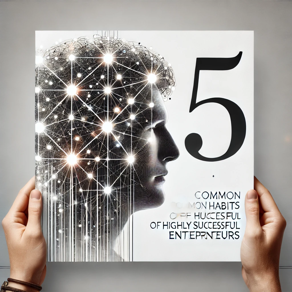 Feature image with a white background, an abstract illustration of a human mind with shiny glowing dots resembling a neural network, and the number '5' prominently displayed in bold at the center.