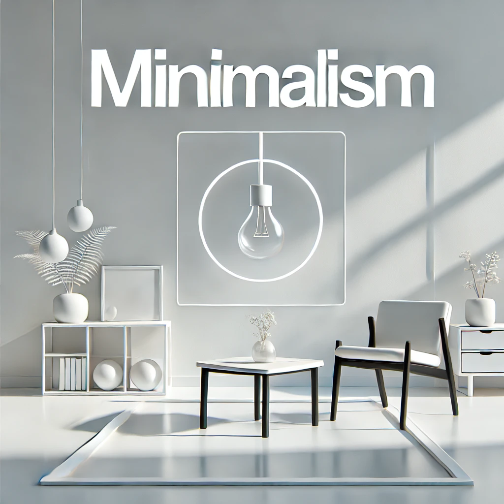 Feature image for 'Minimalism' with a white background, featuring a serene space with a single chair, a plant, and a light bulb, symbolizing clarity and simplicity.