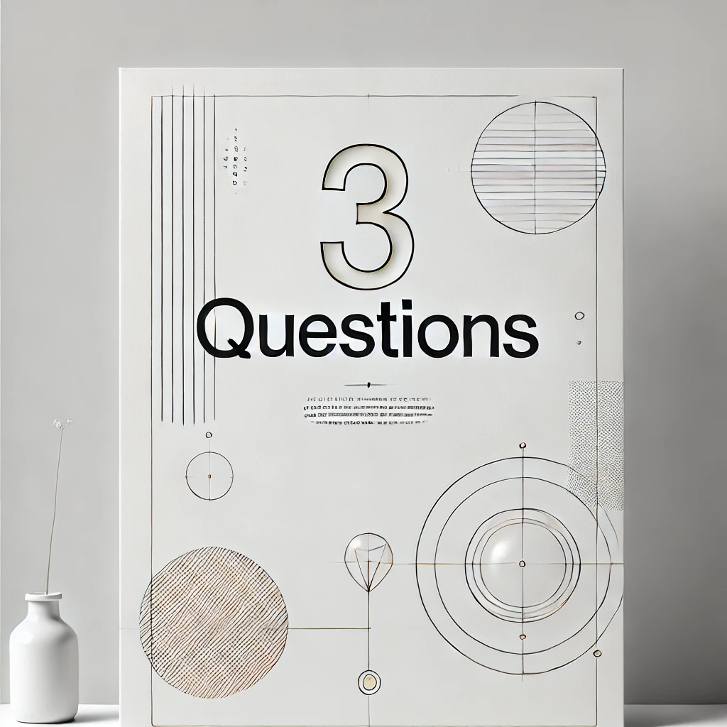 Minimalist design with bold text '3 Questions' centered on a pure white background, surrounded by abstract line art and geometric shapes.