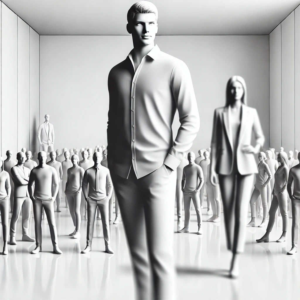 A confident person standing in focus with self-assurance on a pure white background, while a group of blurred figures stands behind, symbolizing individuality and confidence.