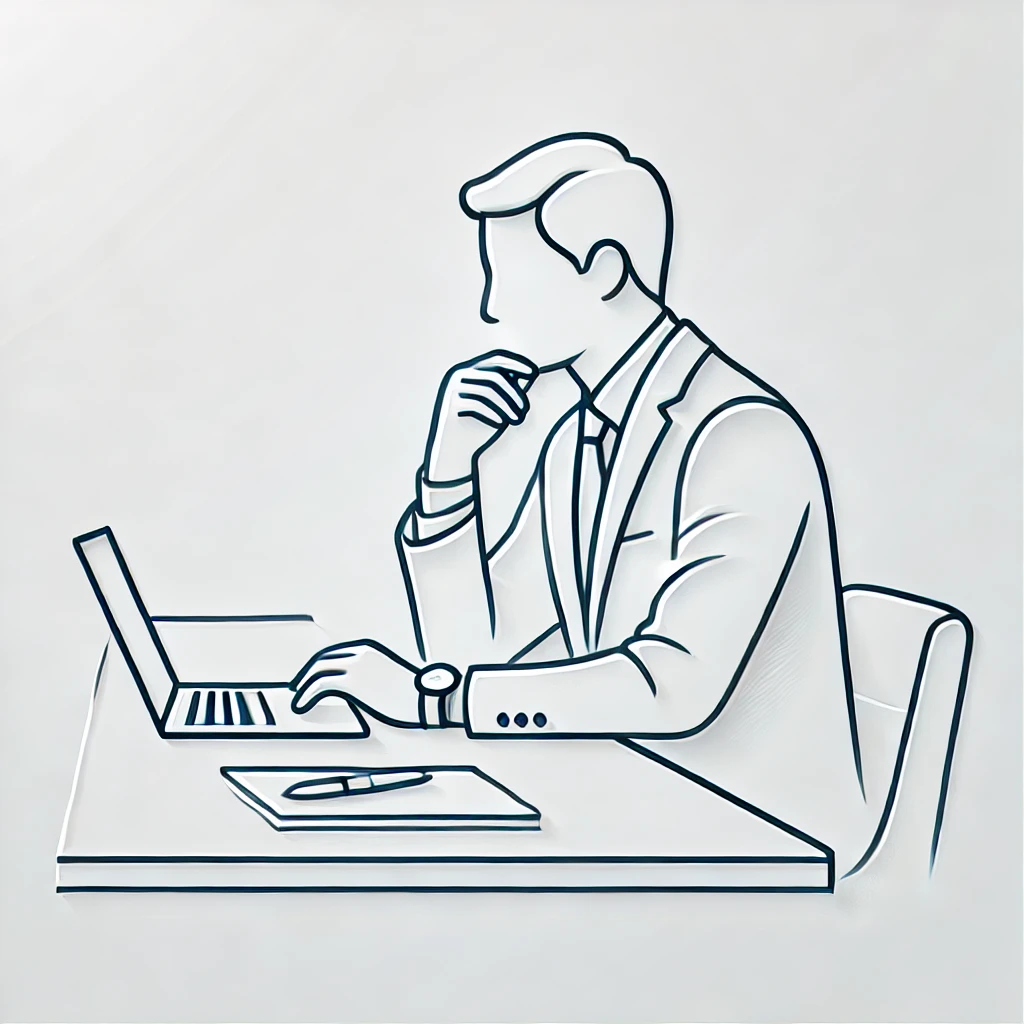 Illustration of a person taking a meeting on a laptop, seated at a desk with a notebook and pen, on a pure white background, emphasizing focus and professionalism