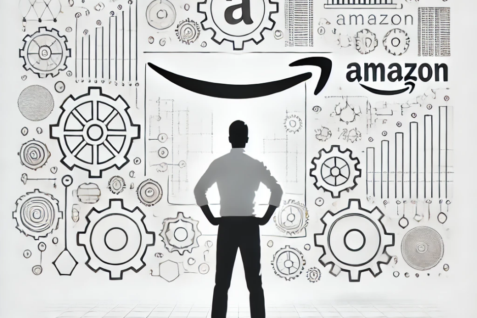 Illustration of a person standing and looking behind a semi-transparent Amazon website interface, revealing gears, data streams, and technical elements, symbolizing the backend technology, on a pure white background.