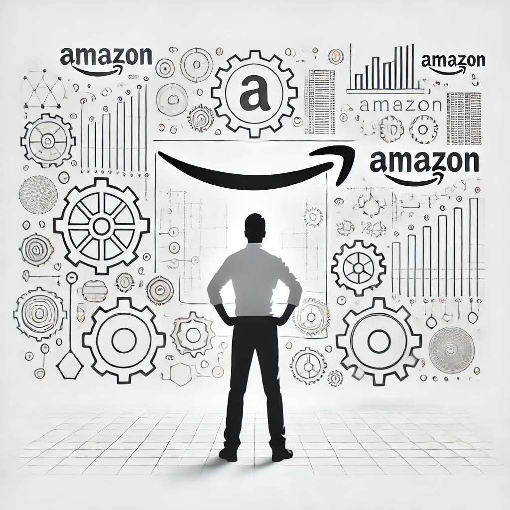 Illustration of a person standing and looking behind a semi-transparent Amazon website interface, revealing gears, data streams, and technical elements, symbolizing the backend technology, on a pure white background.