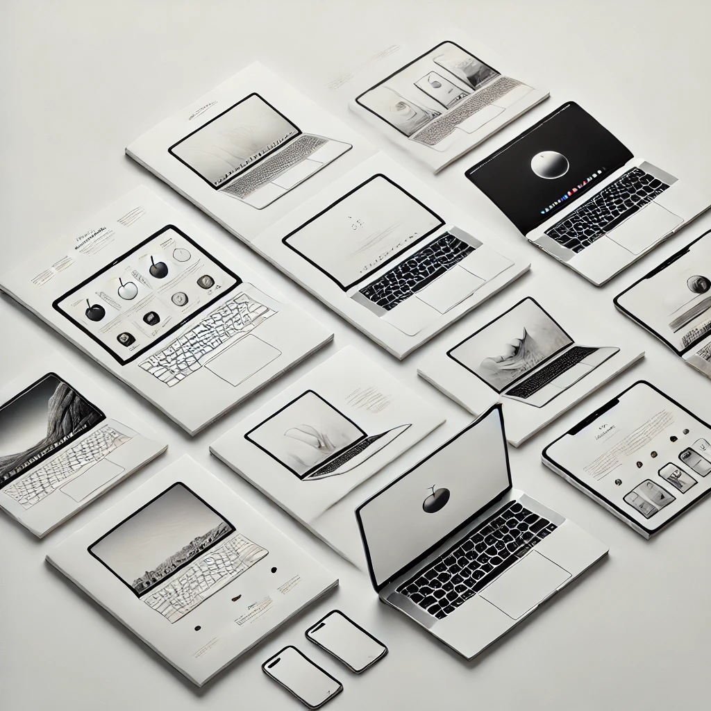 Feature image displaying multiple Apple laptops on a white background, showcasing sleek designs, open screens, and a modern minimalist aesthetic.