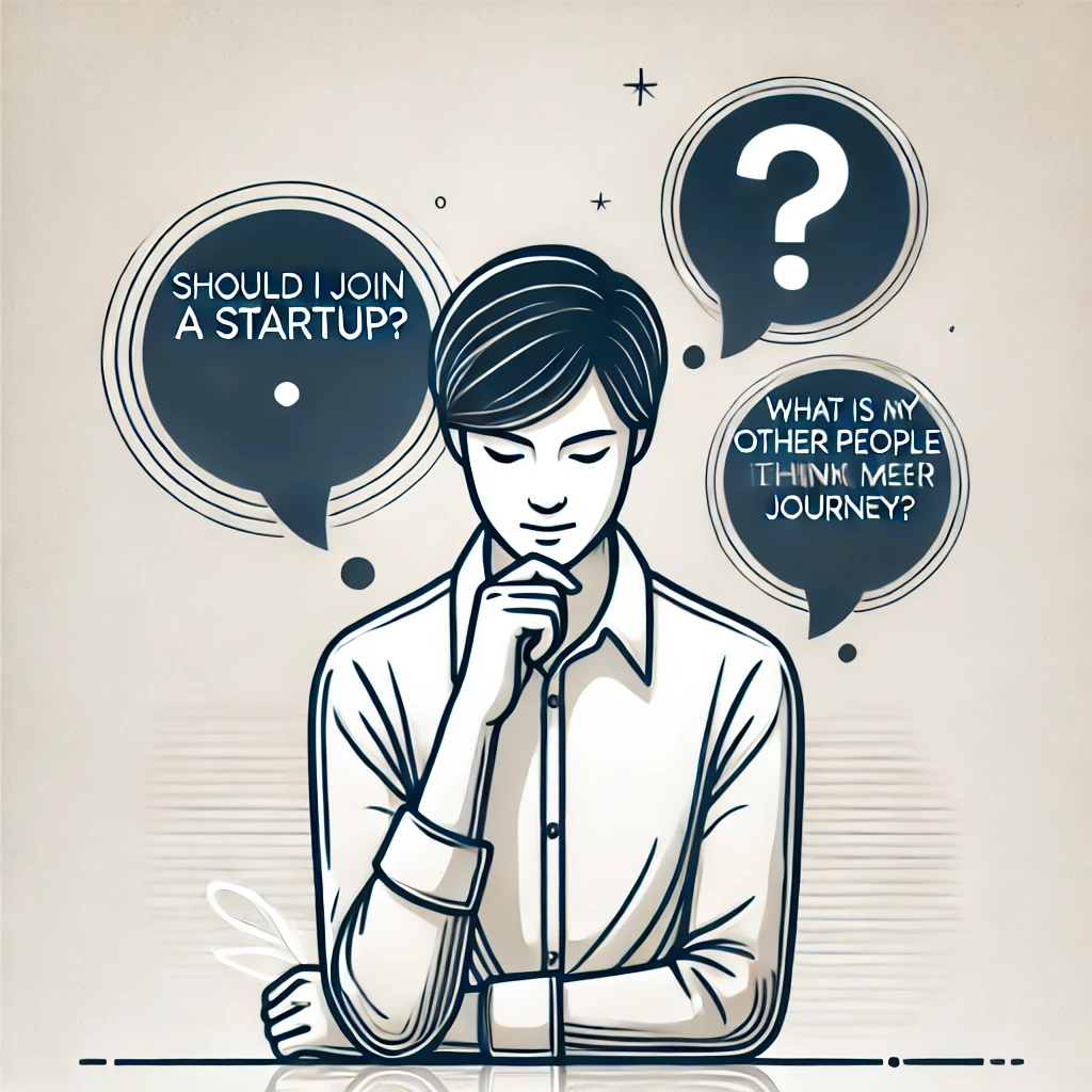 Illustration of a young person thinking with three question bubbles: 'Should I join a startup?', 'Is it helpful for my career journey?', and 'What are other people thinking about my decision?' on a white background.